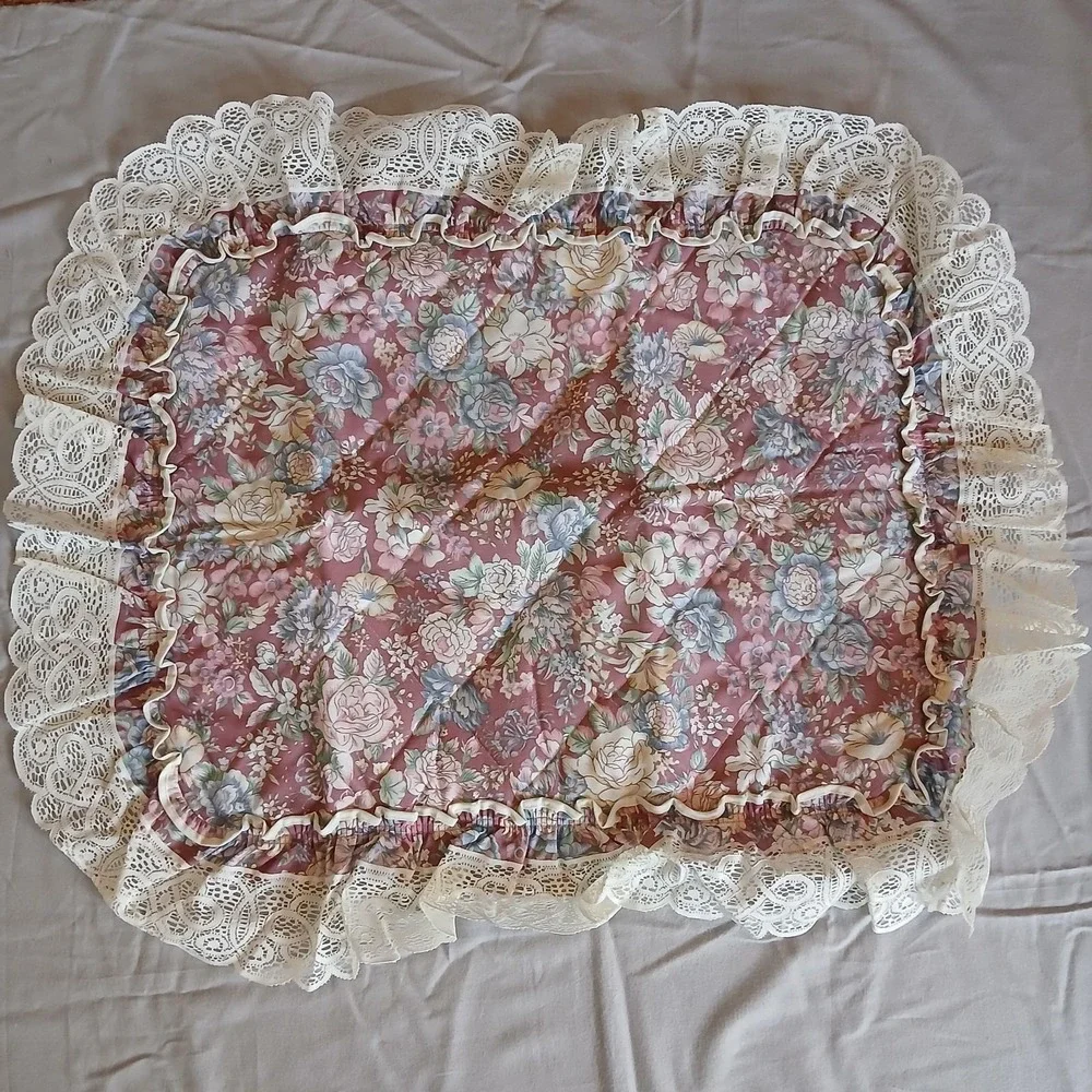 Vtg JC Penney Pillow Sham Pink Floral Eyelet Lace Trim Ruffle Mauve Alyssa NOS